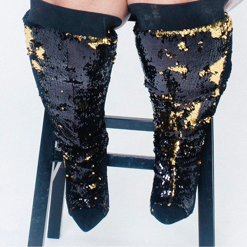 Knee high to thigh high sequin black/gold changing heel boots!